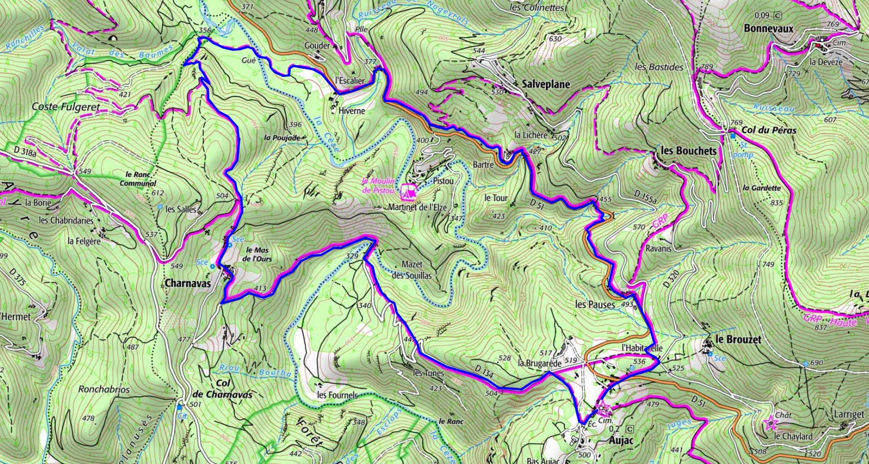 Randonnée de 10,7km à Aujac dans le Gard IGN